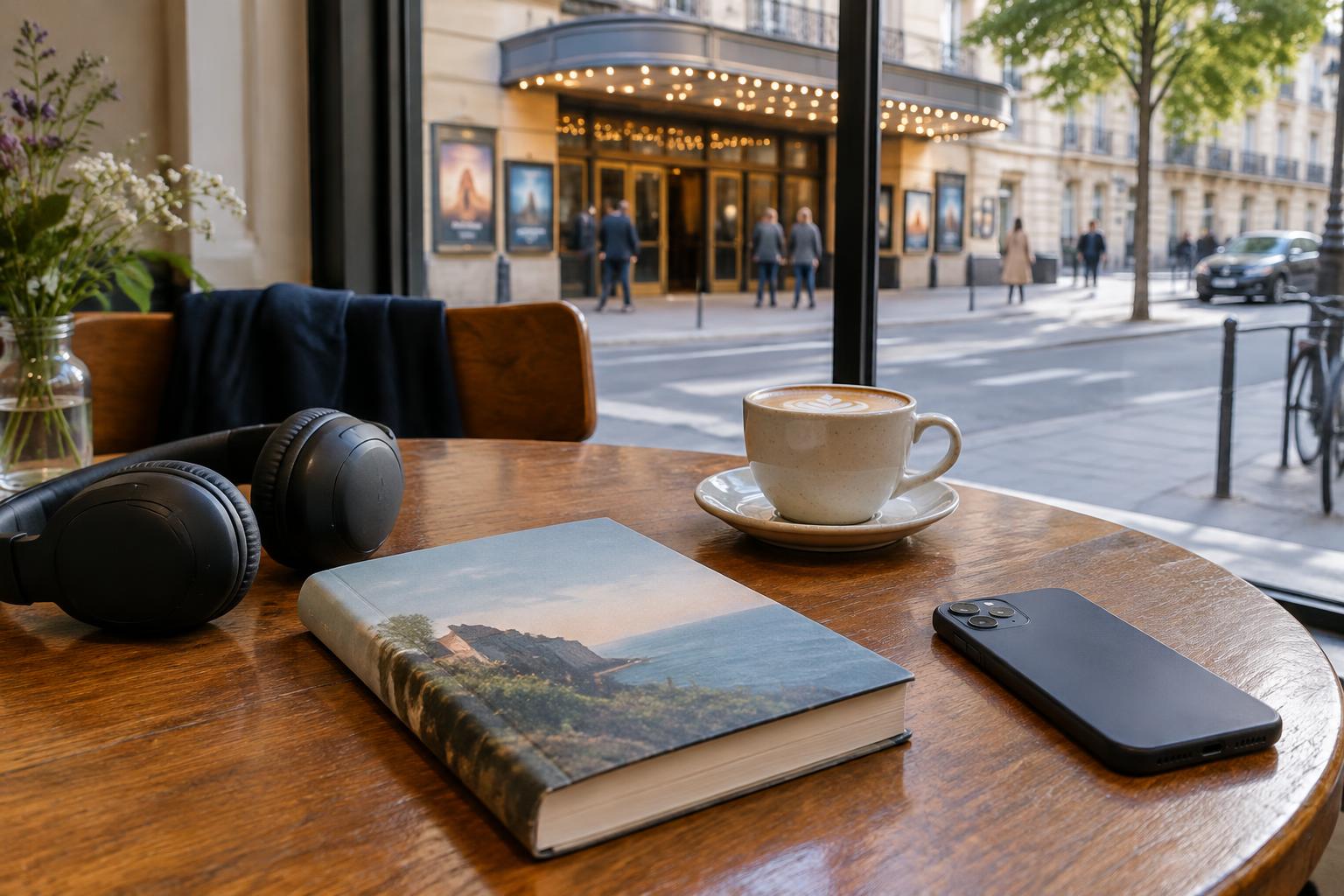 Illustrative coffee, headphones and a book near a cinema